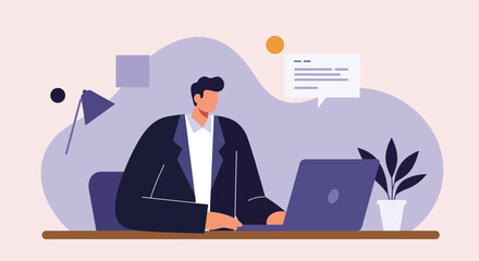 Businessman diligently working on a laptop in a modern office, representing productivity, online communication, and professional development.