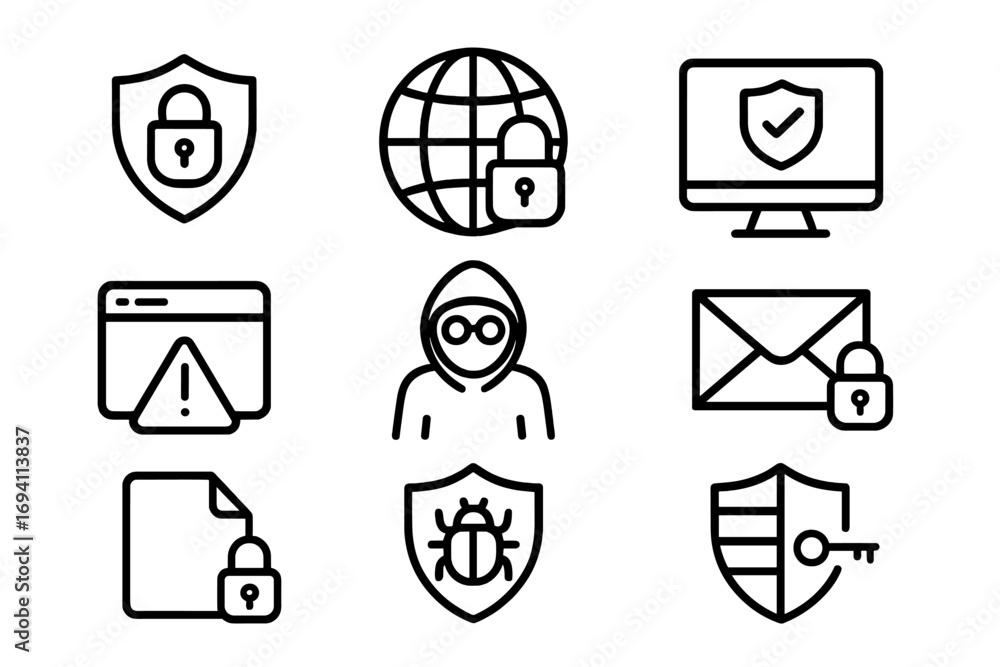 Poster cybersecurity line icon set. internet security, data privacy protection outline icons. vector symbol