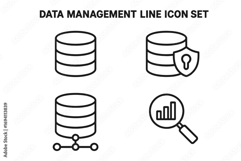 Poster data management line icon set. vector outline icons for database, security, and analytics. includes 