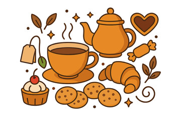 Cozy cafe tea cup with sweets and cookies flat vector illustration, teapot, croissant, cupcake, candy, heart-shaped cookie, decorative leaves, cozy breakfast scene