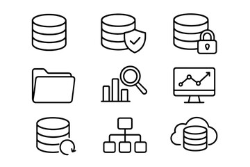 Data management line icon set. Database, security, analytics icons. Big data outline collection for web and mobile. Vector symbols for server, cloud, analysis, backup.
