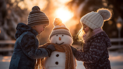 Children building snowman winter fun snow activity outdoor christmas joy