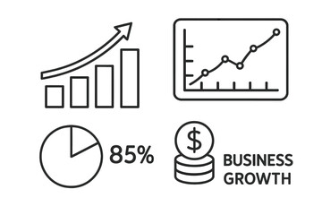 Visual representation of business growth indicators with graphs and metrics, minimalist design, vector cartoon illustration, financial statistics, increasing charts, business success