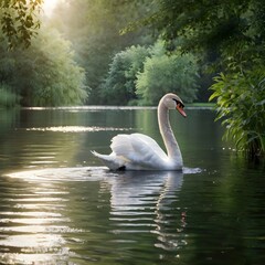 Fototapeta premium Elegant White Swan on a Tranquil Lake at Sunrise