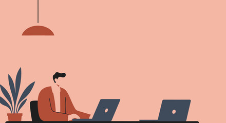 Man working on laptop at modern home office desk with plant and lamp. Represents remote work, online business, and digital lifestyle. Productivity and technology.