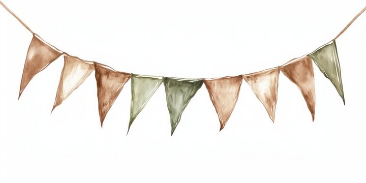 Bunting with brown and green flags illustration watercolor style.