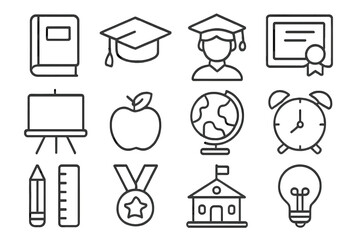 Education and graduation outline icon set. School and learning symbols. Vector collection of linear icons like diploma, student cap, book, medal, globe, and lightbulb idea.