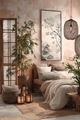 A serene bedroom, adorned with natural elements and warm tones, features a stylish, framed artwork and wicker accents.