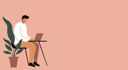 A focused man works diligently on his laptop at a minimalist desk with a plant, representing productivity, remote work, or online learning. Ideal for business and lifestyle themes.