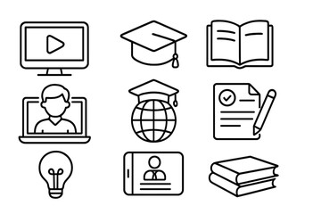 Education and learning outline icon set. E-learning, online course, webinar, and distance education symbols. Graduation cap, book, and computer vector icons for study.