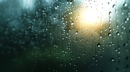 Raindrops on a glass window with sunlight glowing in the background, creating a peaceful mood, symbolizing calmness, reflection, nature’s beauty, and the delicate balance between rain and light in ser