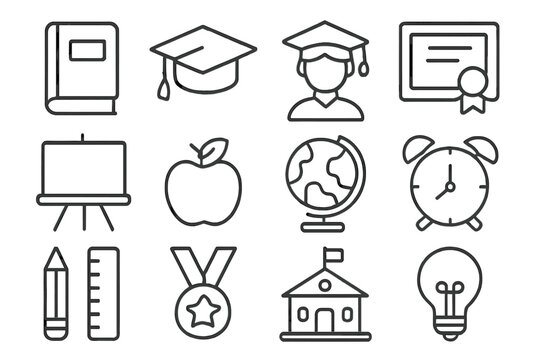 Education and graduation outline icon set. School and learning symbols. Vector collection of linear icons like diploma, student cap, book, medal, globe, and lightbulb idea.