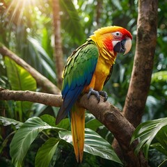 Obraz premium Vibrant Parrot Perched in a Tropical Rainforest