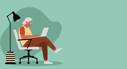 Elderly woman confidently using a laptop, symbolizing digital inclusion, remote work, or online learning for modern seniors. Represents an active, productive lifestyle.