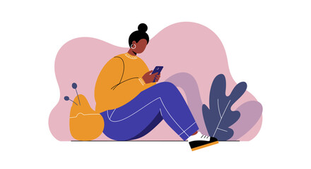 Modern young woman in a casual setting, engrossed in her smartphone. Represents digital communication, social media, and online interaction.