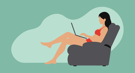Woman in a swimsuit relaxing on a recliner while using a laptop, illustrating remote work, leisure, or online activity in comfort.