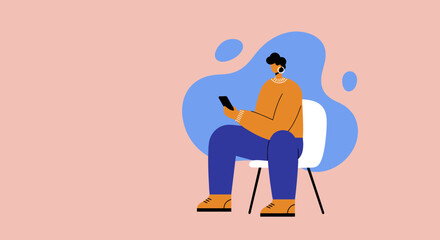 Modern illustration of a person using a smartphone while sitting. Represents digital communication, social media, and contemporary online lifestyle.