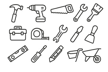 Fototapeta premium Construction tools outline icon set for building, repair, and home improvement. Vector collection of handyman and DIY line art symbols. Includes hammer, saw, and drill.