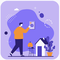 Man interacting with a digital interface, representing smart home technology and home automation, with a stylized house illustration.