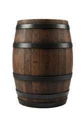 Robust dark oak wooden barrel with textured dark metal hoops, deep wood grain, isolated on a pristine transparent studio background, high-key, sophisticated concept of lasting value