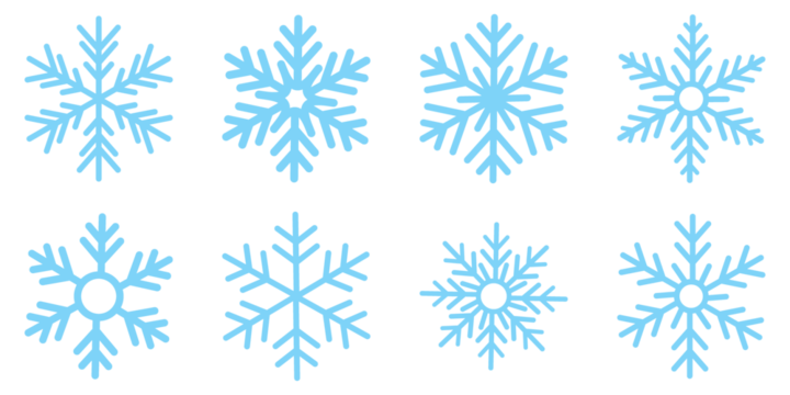 snowflakes icon, snow or snowflake winter symbol set vector art illustration isolated on transparent png Snowflake different icons. Blue snowflake icon set isolated vector illustration.