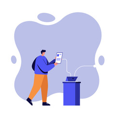 Person reviews digital document connected to a laptop, illustrating seamless data transfer, information management, and efficient digital workflow for business and online learning.