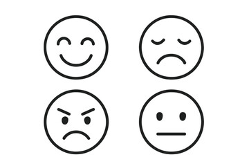 Fototapeta premium Emotions and expressions line icon set. Happy, sad, angry, neutral face outline collection. Vector emoji for mood, feeling, feedback. Customer satisfaction rating scale.