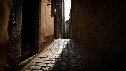 Obraz premium Old Cobblestone Alley with Shadow Patterns – Atmospheric Street Scene