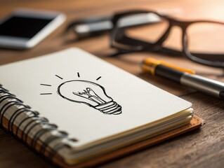 Fototapeta premium Turning on the light bulb. Drawing light bulb on notebook. Creating ideas. Notebook, pen, smartphone, glasses and document on wood table.