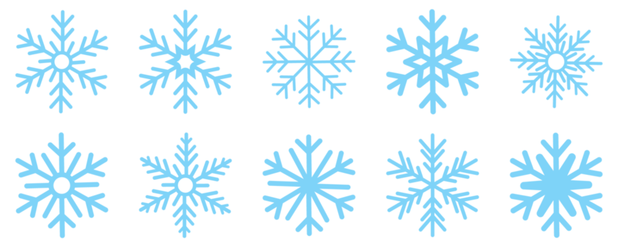 Snowflake different icons. snowflakes icon, snow or snowflake winter symbol set vector art illustration isolated on transparent png Blue snowflake icon set isolated vector illustration.