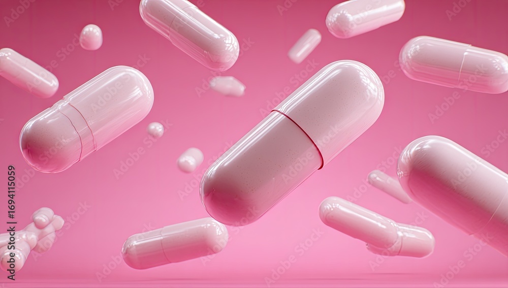 Poster light pink, glossy capsules float in mid-air against a vibrant pink backdrop, creating a visually en