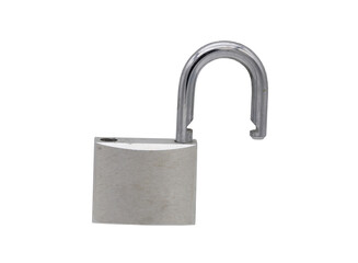 Open silver padlock isolated on transparent background.