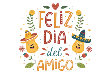 Feliz Dia Del Amigo With Cartoon Characters And Decorations holiday celebration PNG Transparent background