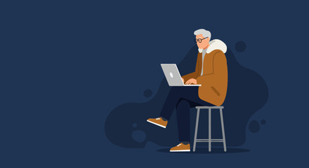 Mature man using a laptop, embodying modern digital literacy, remote work, or online learning for an active senior lifestyle. Copy space.
