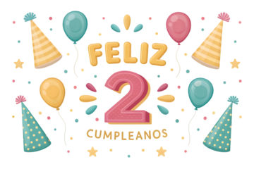 Feliz Cumpleanos Number 2 With Balloons And Party Hats Keywords: feliz cumpleanos, happy birthday, celebration, number 2, two, balloons, party hats, confetti, stars, PNG Transparent background