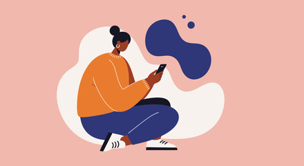 Modern woman focused on her smartphone, illustrating digital connectivity, social media, and online communication in a minimalist setting.