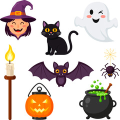 Fototapeta premium Cute Cartoon Halloween Icons Including Witch, Black Cat, Ghost, Bat, Spider, Candle, Pumpkin, and Cauldron, Fun Vector Set for Spooky Festive Graphics and Autumn Party Decor