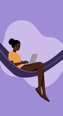 Woman comfortably works remotely on a laptop while relaxing in a hammock, embodying flexible modern lifestyle and digital nomad concept.