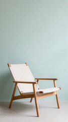 Fototapeta premium Canvas and wood lounge chair in soft pastel room with light floor