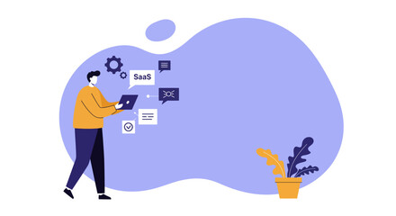 Modern illustration of a person managing SaaS and digital services on a laptop. Ideal for cloud computing, business solutions, and online administration concepts.
