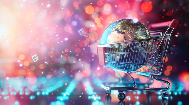 3D model of globe on shopping cart with blurred light background. - Powered by Adobe