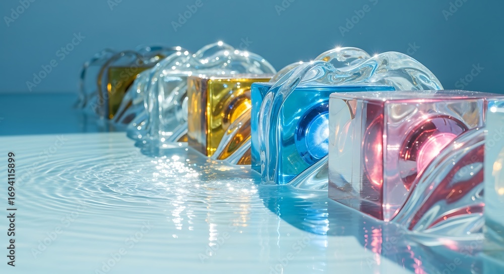 Poster shimmering clear blocks with colorful inserts on a rippling water surface