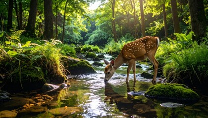 Forest deer drinking water