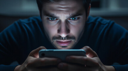 A young man with an intense expression stares at his glowing smartphone in the dark