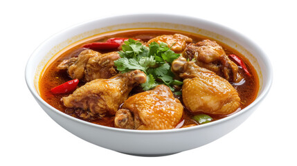 Delicious bowl of chinese chicken soup featuring chicken drumsticks and herbs close up transparent background