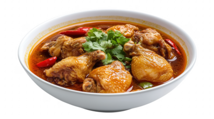 Delicious bowl of chinese chicken soup featuring chicken drumsticks and herbs close up transparent background