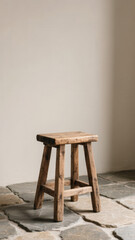 Rustic wooden stool with cross-brace legs on warm tiled floor