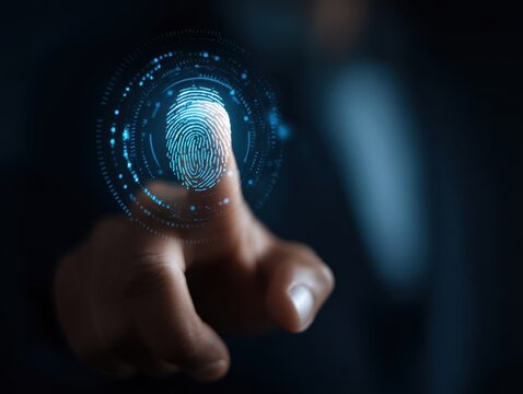 Using fingerprint scanning, the businessman accesses and unlocks the cloud data network. Cyber security and biometric identification protect business transactions from online cyber attacks