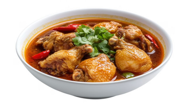 Delicious bowl of chinese chicken soup featuring chicken drumsticks and herbs close up transparent background