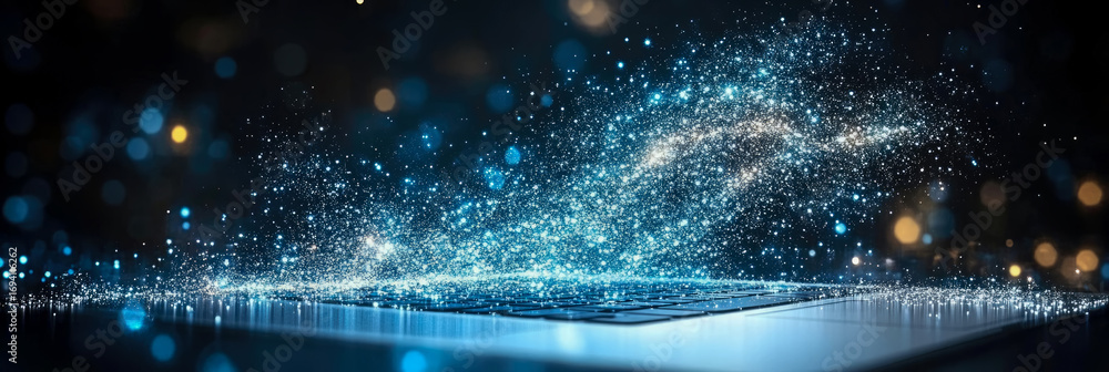 Poster sparkling blue and white digital data stream emerging from modern laptop keyboard, illustrating powe